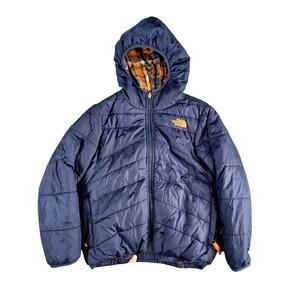 North Face Puffy Jacket Boy Small (7/8) Reversible Plaid Blue Orange Coat Puffer